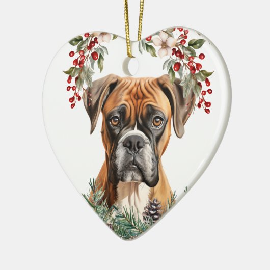 ボクサー犬のホリーの花輪のクリスマス セラミックオーナメント (左)