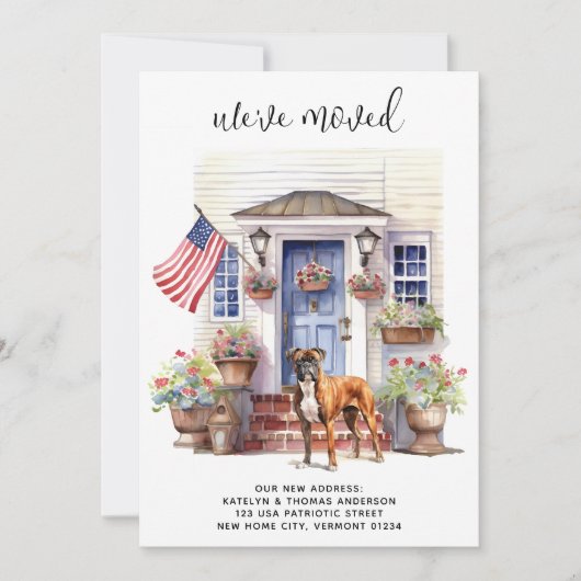 ボクサー犬の愛国パーソナライズされたペット引越 案内状 (正面)