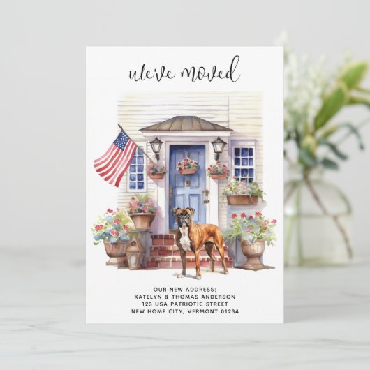 ボクサー犬の愛国パーソナライズされたペット引越 案内状 (スタンド正面)
