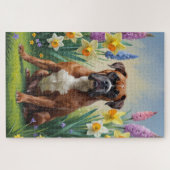 ボクサー犬の春の花の絵 ジグソーパズル (横)