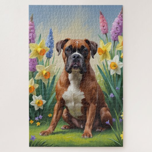 ボクサー犬の春の花の絵 ジグソーパズル (縦)