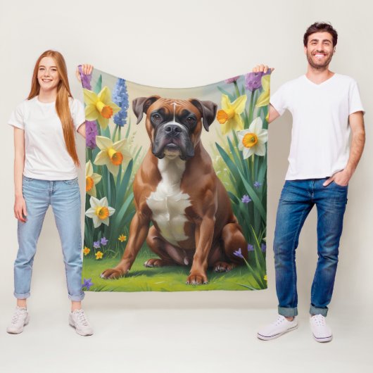 ボクサー犬の春の花の絵 フリースブランケット (インサイチュ)