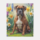 ボクサー犬の春の花の絵 フリースブランケット (正面)