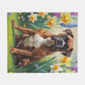 ボクサー犬の春の花の絵 フリースブランケット (正面(横))