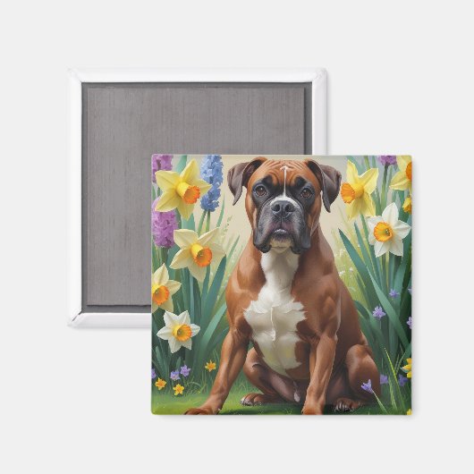 ボクサー犬の春の花の絵 マグネット (正面/裏面)