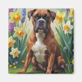 ボクサー犬の春の花の絵 マグネット (正面)