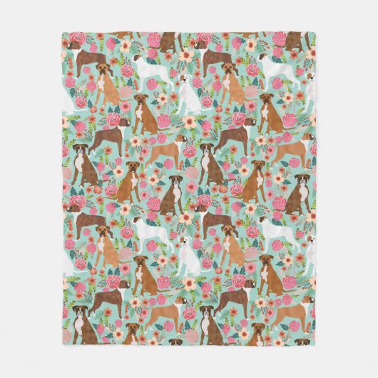 ボクサー犬の花模様 フリースブランケット (正面)