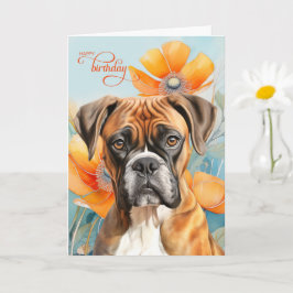 ボクサー犬の誕生日 オレンジのポピーの花 カード