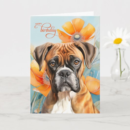 ボクサー犬の誕生日 オレンジのポピーの花 カード (小さな植物)