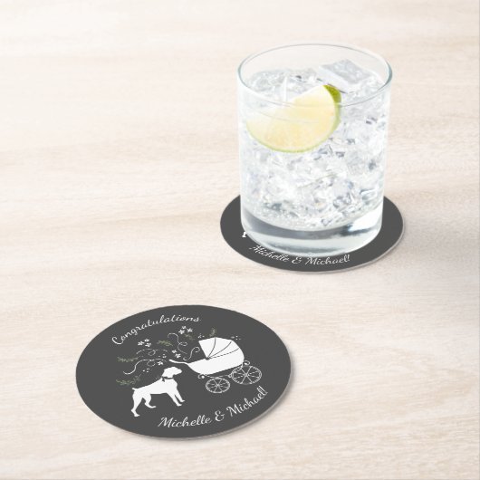 ボクサー犬の赤ちゃんシャワーパピーグレー ラウンドペーパーコースター (インサイチュ)