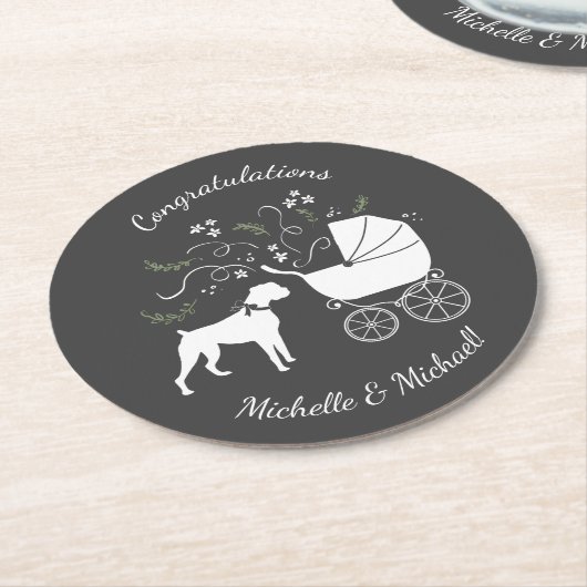 ボクサー犬の赤ちゃんシャワーパピーグレー ラウンドペーパーコースター (アングル)