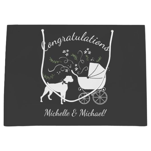 ボクサー犬の赤ちゃんシャワーパピーグレー ラージペーパーバッグ (正面)