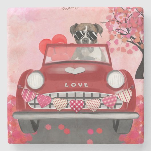 ボクサー犬の車とハートバレンタイン ストーンコースター (正面)