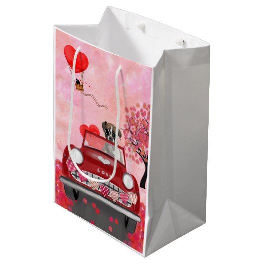 ボクサー犬の車とハートバレンタイン ミディアムペーパーバッグ (正面アングル)