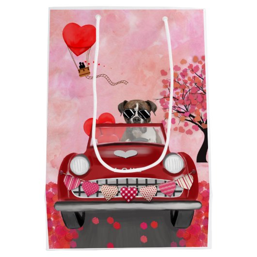 ボクサー犬の車とハートバレンタイン ミディアムペーパーバッグ (裏面)