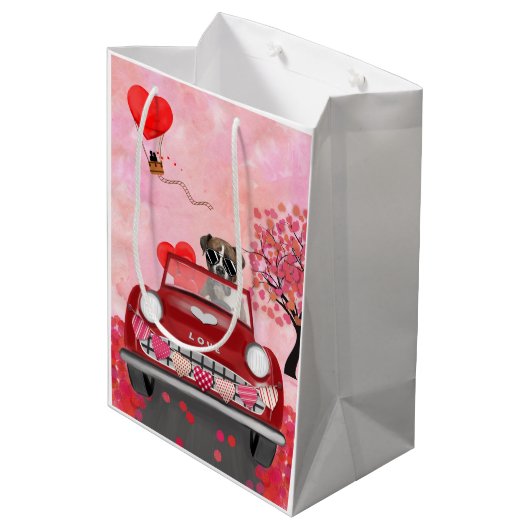 ボクサー犬の車とハートバレンタイン ミディアムペーパーバッグ (裏面アングル)