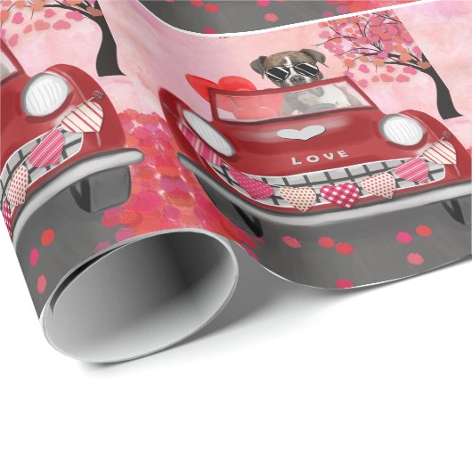 ボクサー犬の車とハートバレンタイン ラッピングペーパー (ロールコーナー)