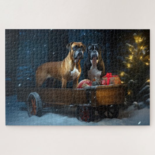 ボクサー犬の雪景色のそり クリスマスの飾り ジグソーパズル (横)
