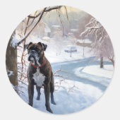 ボクサー犬の雪降るクリスマス ラウンドシール (正面)
