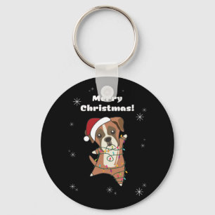 ボクサー犬クリスマス雪の冬獣犬 キーホルダー