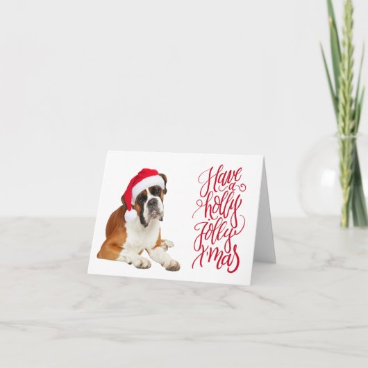 ボクサー犬サンタ帽子でハッピーなクリスマス カード (正面)