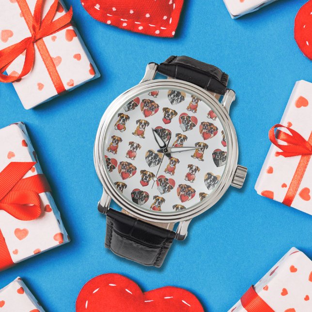ボクサー犬ラブウォーターカラーアートウォッチ 腕時計 (Boxer Dog Love Watercolor Art Watch)