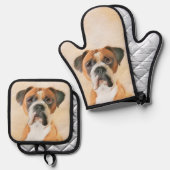 ボクサー犬絵を描子未切り耳可愛い犬アート 鍋つかみ&鍋敷きセット (正面/裏面)