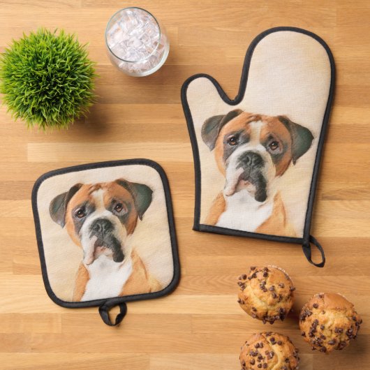 ボクサー犬絵を描子未切り耳可愛い犬アート 鍋つかみ&鍋敷きセット (トップダウン)