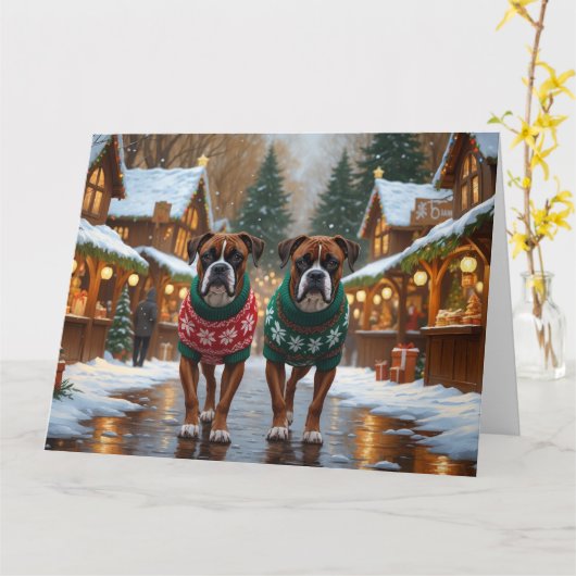 ボクサー犬 クリスマス スノー ホリデー カード (黄色い花)