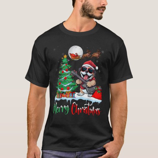 ボクサー犬 サンタ帽子 クリスマスツリーのライト メリークリスマス Tシャツ (正面)