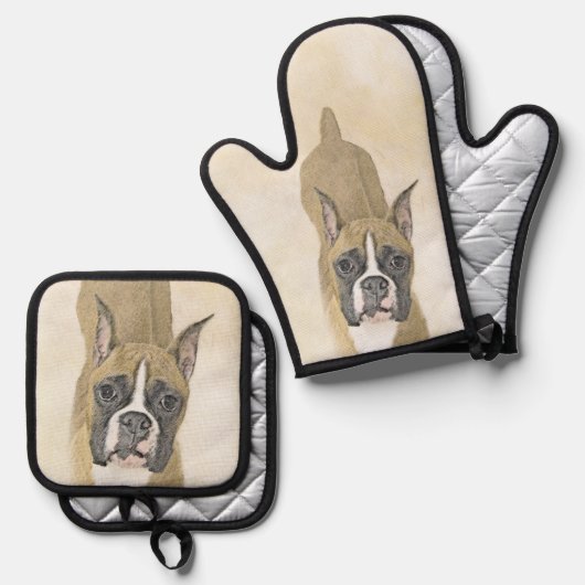 ボクサー絵を描ズの子犬のクロップかわいい犬のアートをドッキング 鍋つかみ&鍋敷きセット (正面/裏面)