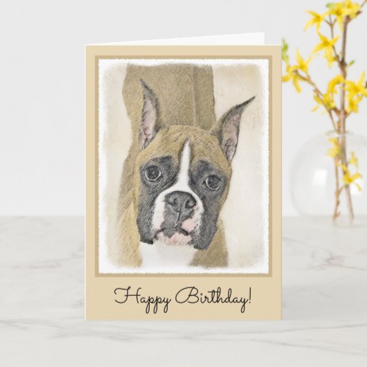 ボクサー絵画ズ – かわいいオリジナルドッグアート カード (黄色い花)