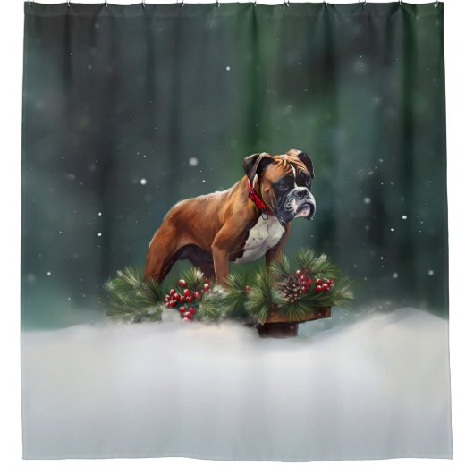 ボクサー・クリスマスの雪の冬 シャワーカーテン (正面)