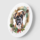 ボクサー クリスマスリース クリスマスの犬 ラージ壁時計 (傾斜)