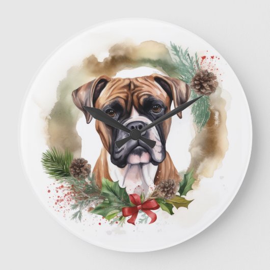 ボクサー クリスマスリース クリスマスの犬 ラージ壁時計 (正面)