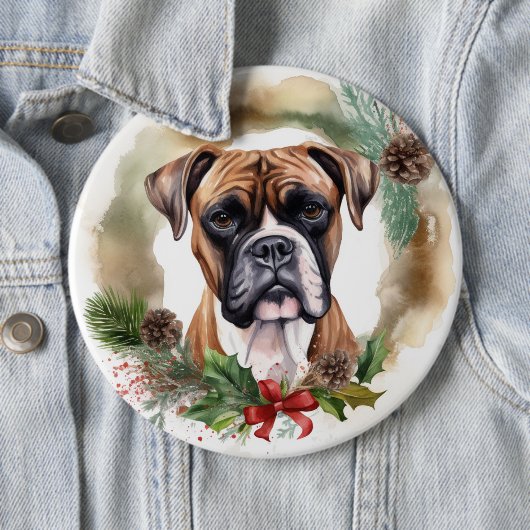 ボクサー クリスマスリース クリスマスの犬 缶バッジ (インサイチュ)