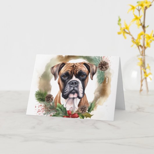 ボクサー クリスマスリース 陽気な犬 カード (黄色い花)