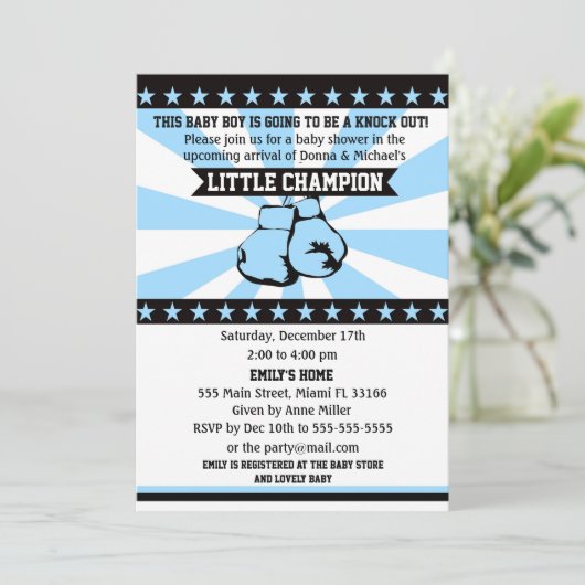 ボクシングのスポーツの男の赤ちゃんのシャワーの招待状の青 招待状 (スタンド正面)