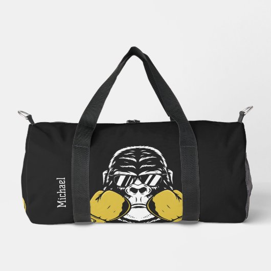 ボクシングゴリラ手袋レトロ名または独自の文字 ダッフルバッグ (正面)