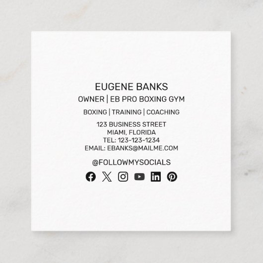 ボクシングスポーツフィットネスパーソナルトレーナーコーチ スクエア名刺 (裏面)