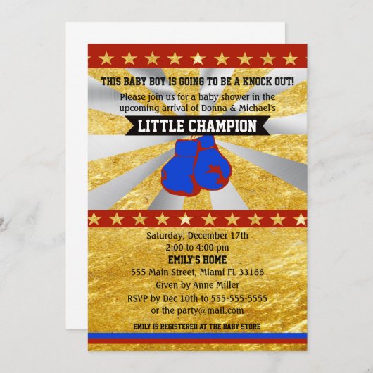 ボクシングスポーツ男の赤ちゃんシャワー招待状金ゴールド 招待状 (正面/裏面)