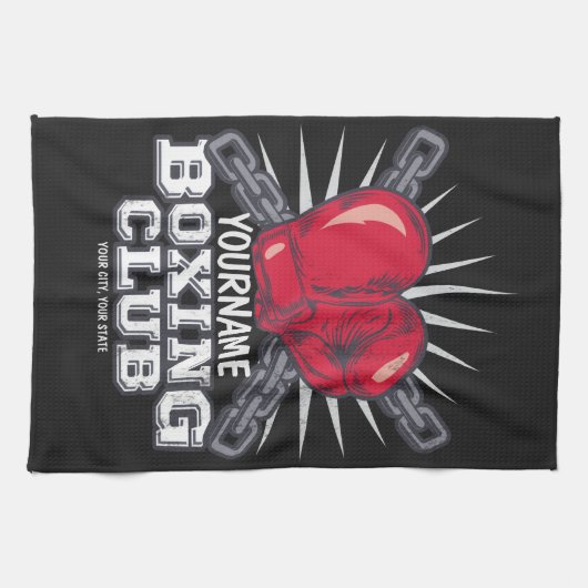 ボクシングパーソナライズされた手袋戦闘機チャンピオンボクサー キッチンタオル (横)
