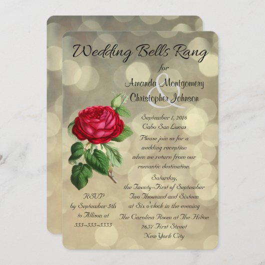 ボケた光が美しい結婚式後の披露宴の赤いバラ 招待状 (正面/裏面)