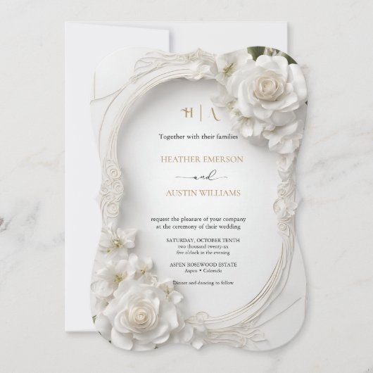 ボケア・グリーン・ゴールド・ウェディング・アールヌーヴォー・ムシャ 招待状 (正面)