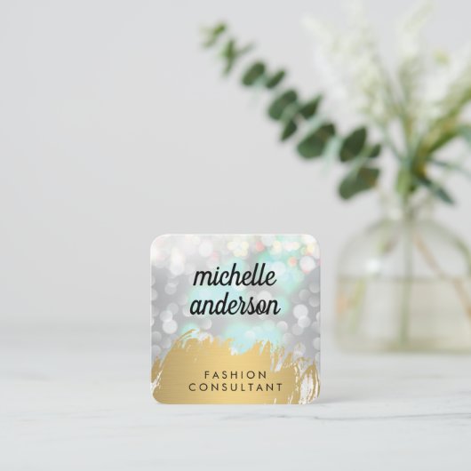 ボケフェイク金ゴールドでブラシ付きグリッター スクエア名刺 (スタンド正面)