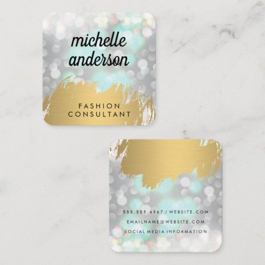 ボケフェイク金ゴールドでブラシ付きグリッター スクエア名刺 (正面/裏面)