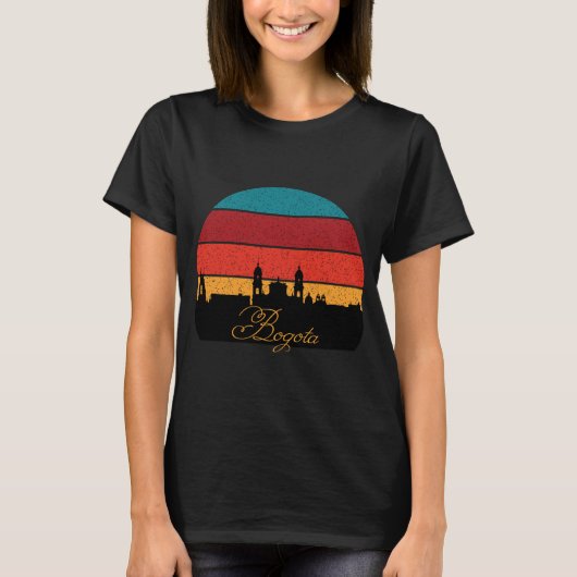 ボゴタのスカイライン レトロな旅行 黒いTシャツ Tシャツ (正面)