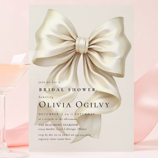 ボシンプルホエレガントアイボリークリームボウブライダルシャワー インビテーションポストカード