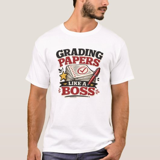 ボスっぽく答案を採点する おもしろ先生 レトロ Tシャツ (正面)