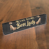 ボスの女性|エレガントな金ゴールドのグリッターのハイヒール デスクネームプレート (側面)